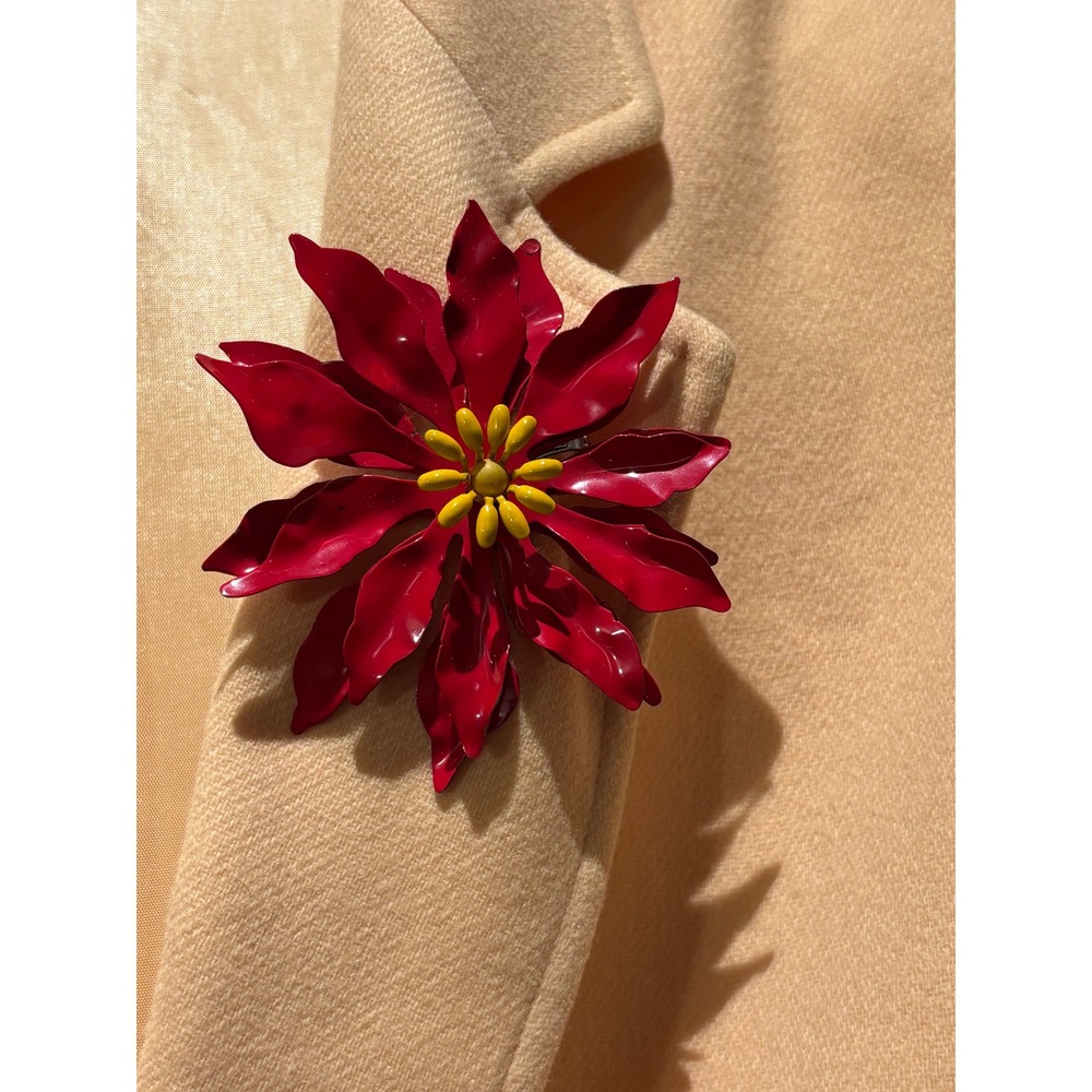 Vintage Red Enamel Poinsettia Flower Brooch Pin Christmas Holiday Floral 3 Inch